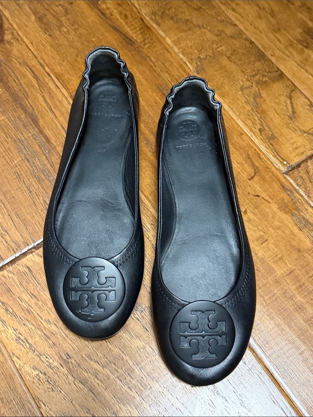 Tory Burch Black Leather Logo Ballet Flats